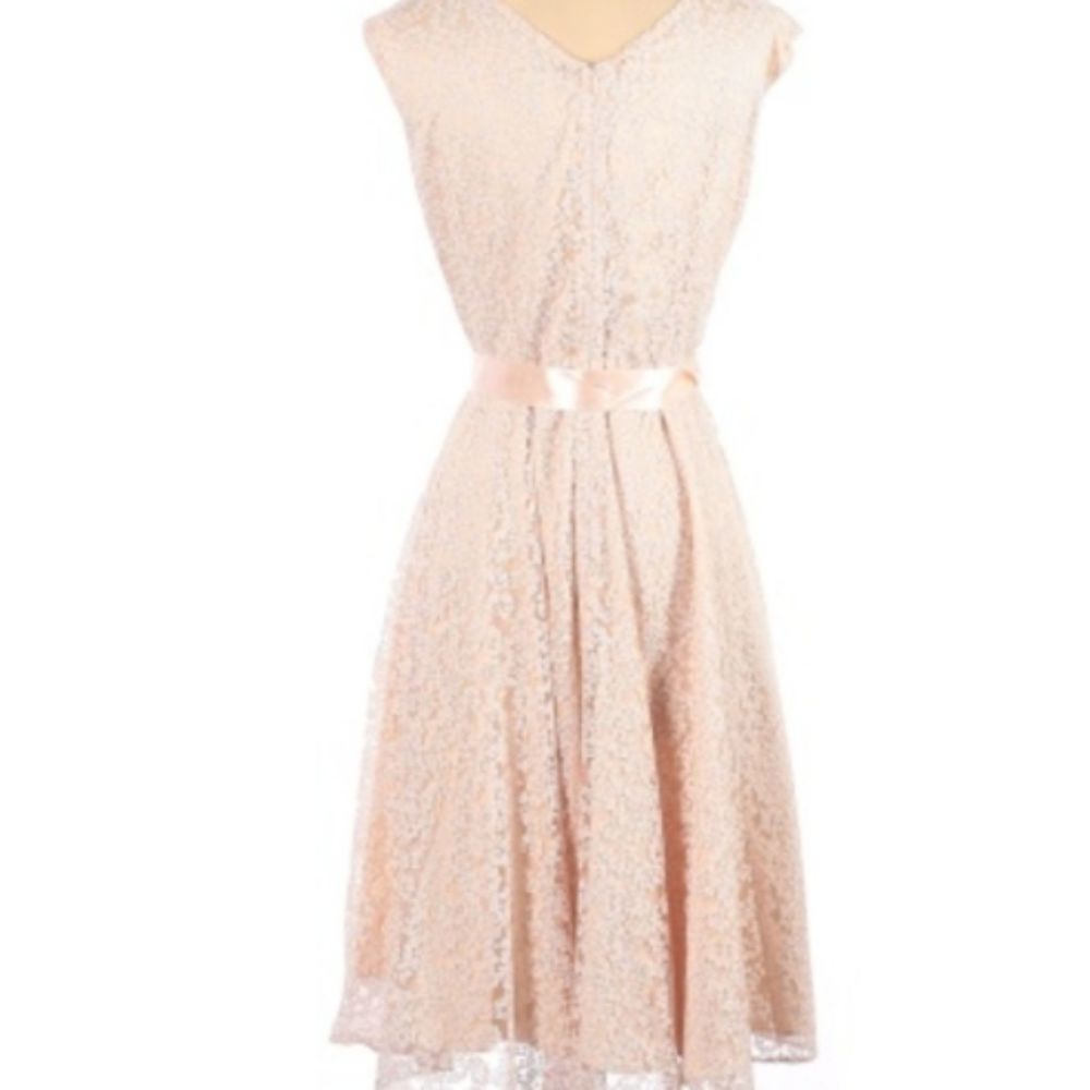 Tahari Arthur Levine Peach Lace Rayon Blend 3/4 Sleeve Knee Length Ribbon Dress - Picture 2 of 10